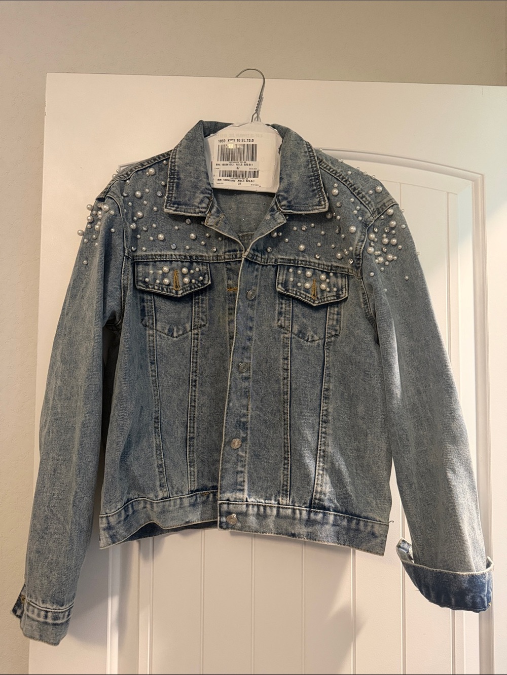 Pearl-Embellished Wifey Light Blue Denim Jacket - Women's Jean Coat